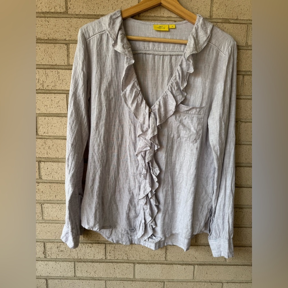 Roller Rabbit | Women's Ruffled Gray Linen Top | - Picture 2 of 5